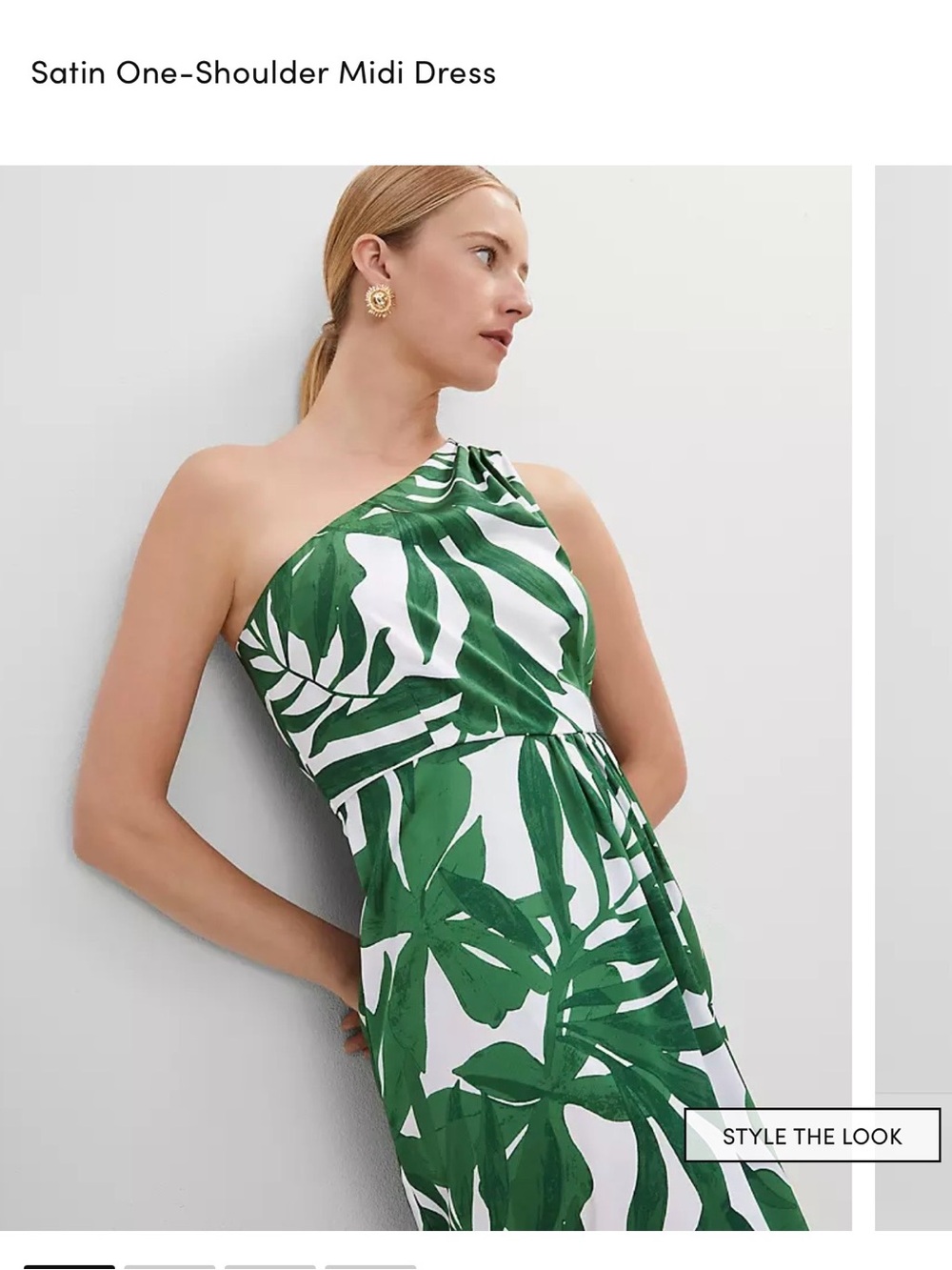 Ann Taylor One-Shoulder Palm-Print Satin Midi Dress in Green and White